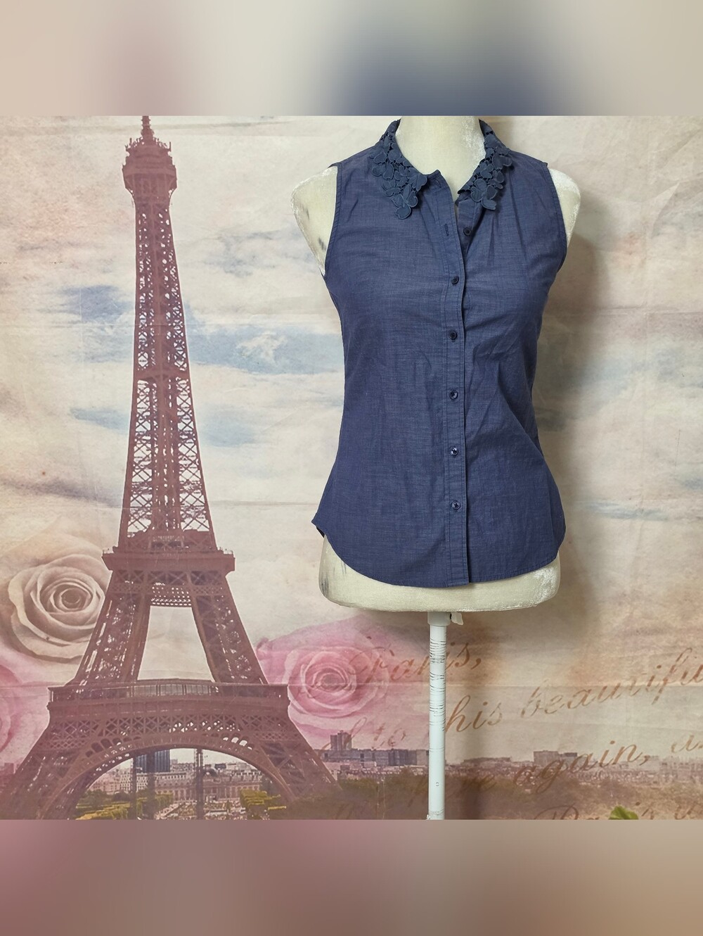 Banana Republic Navy Sleeveless Button-Down with Floral Collar Sz  2P